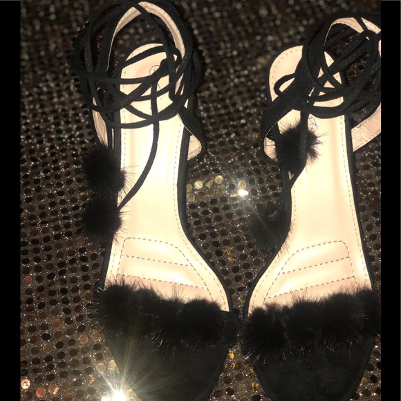 Women’s  Black Faux Fur & Suede Lace-Up Sandal - Picture 7 of 8